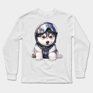 Siberian Husky Dog in Helmet Long Sleeve T-Shirt